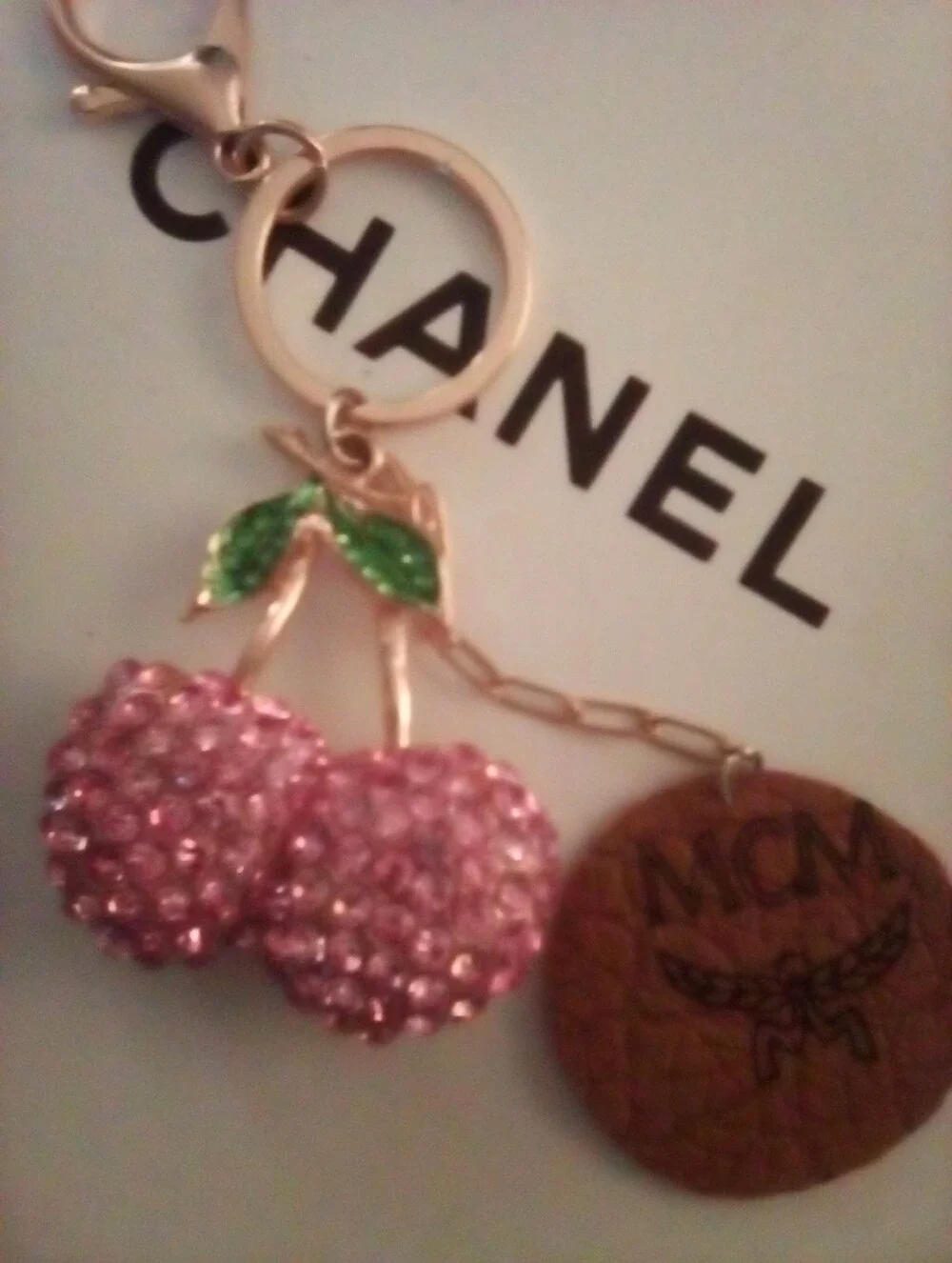 MCM Brown Leather Logo Disk With Pink Crystal Cherry Keychain Designer Bag Charm - Picture 5 of 11